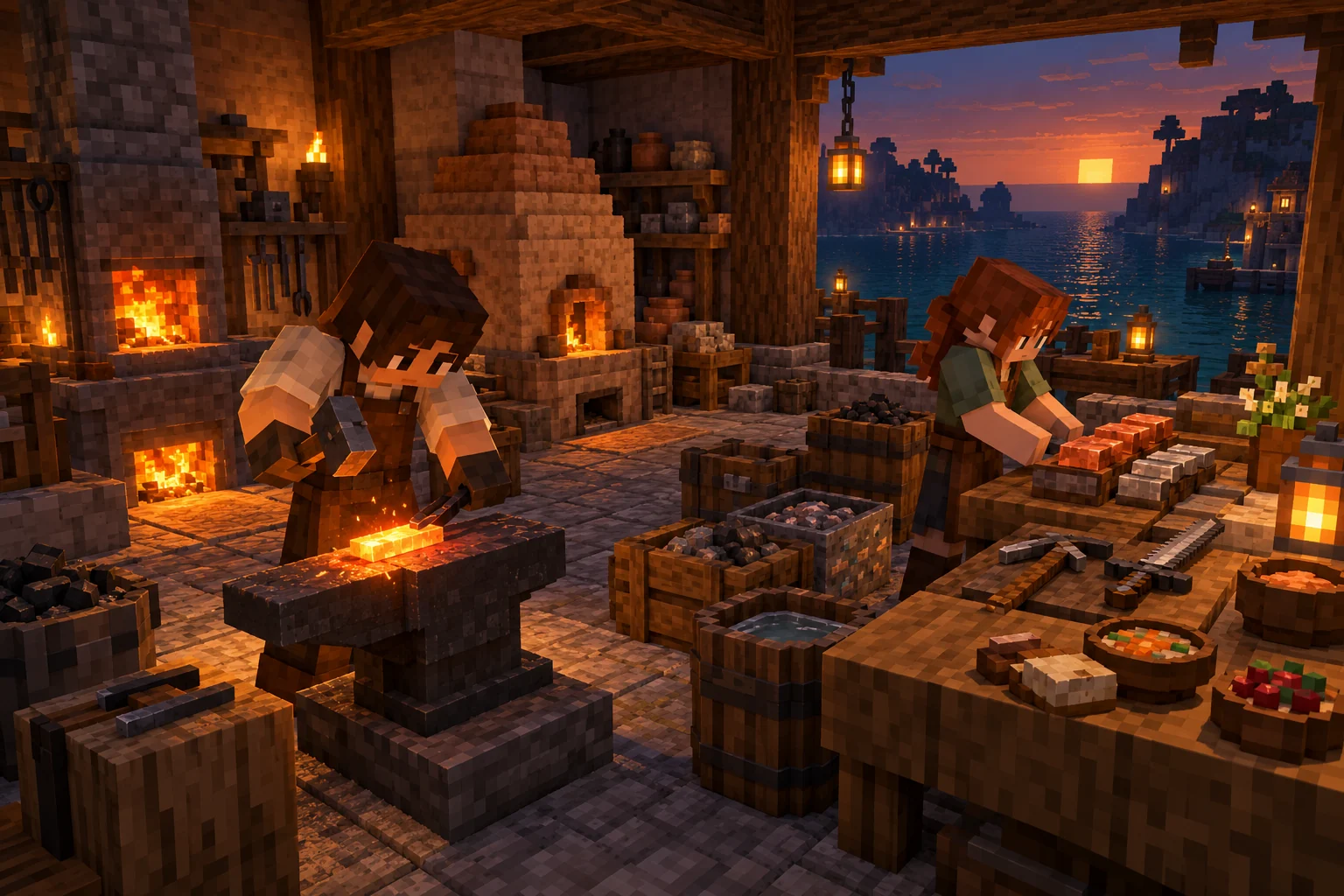 Two players develop their coastal workshop with a kiln, forge, anvil and carefully prepared tools and supplies