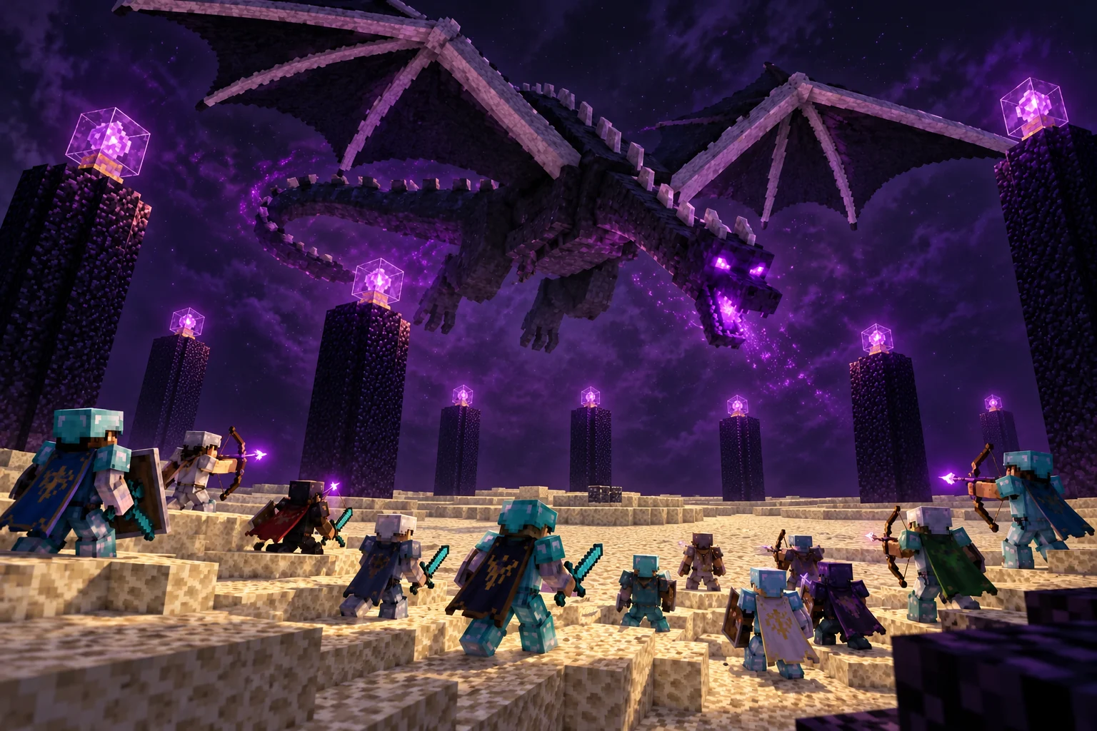 A coordinated party faces an enormous Ender Dragon above obsidian pillars in a violet-lit void