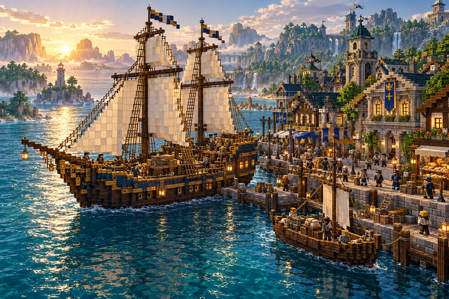 A great wooden sailing ship and a smaller cargo boat in a warm, bustling block-built harbour