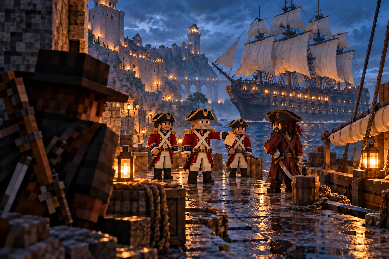 Navy officers confront a pirate at a lantern-lit quay while a bounty hunter watches from the shadows