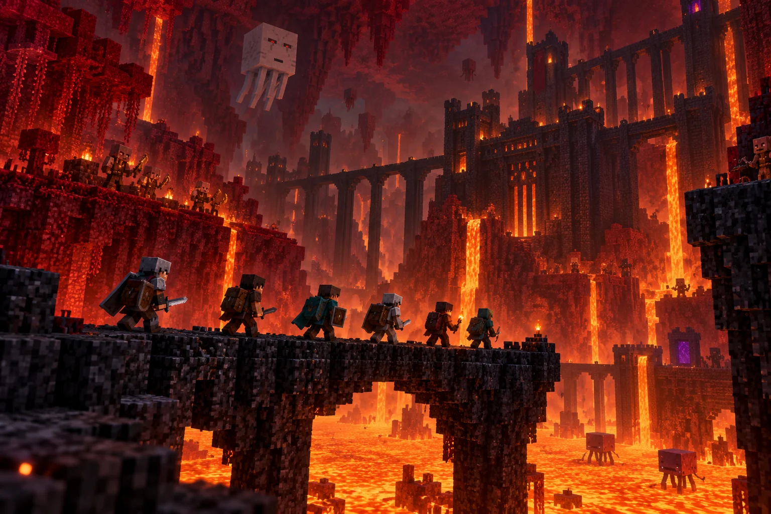 A small party crosses a basalt bridge over a vast lava sea in the Nether