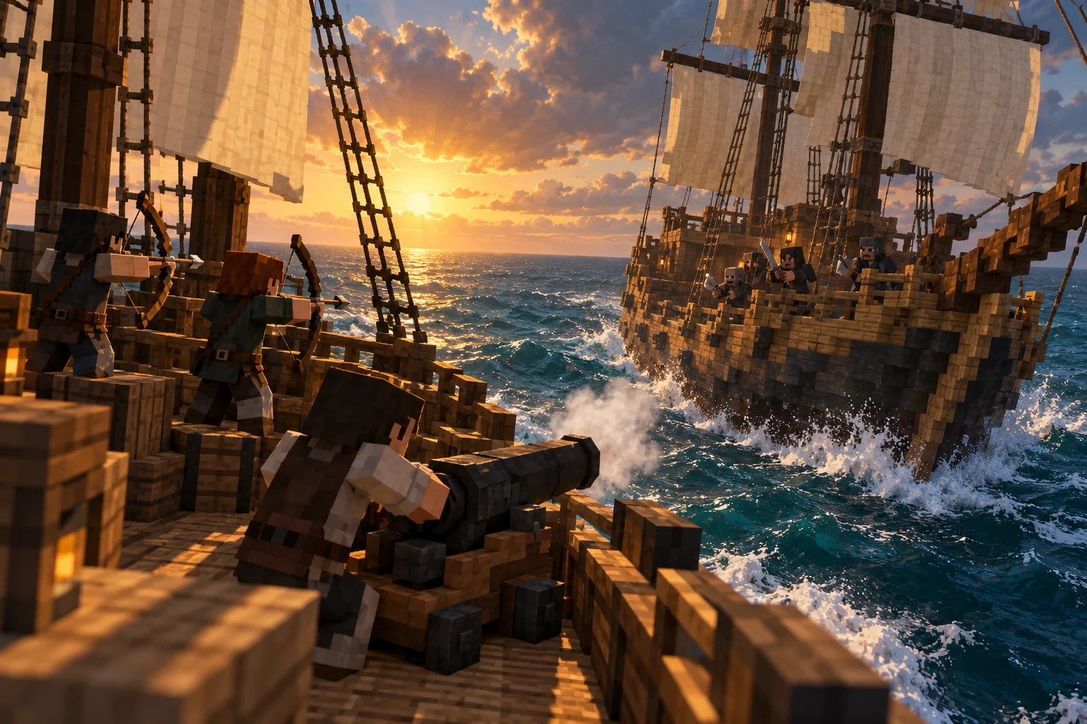 A cannon crew and archers defend a warship’s deck as another ship closes in to board