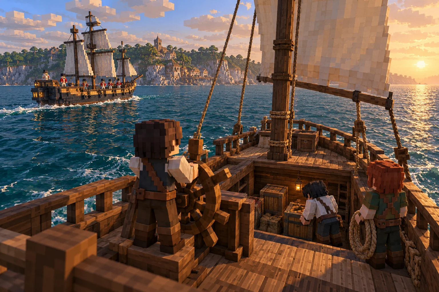 A player crew takes the helm and inspects a captured ship’s cargo while a redcoat Navy patrol sails nearby